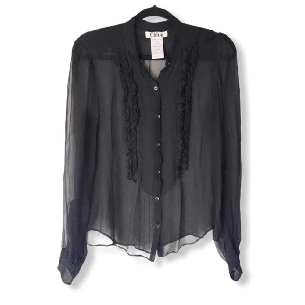 CHLOÉ black sheer button up beaded blouse - Picture 1 of 8
